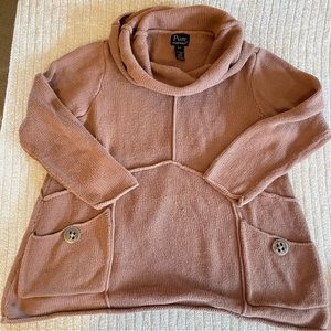 PURE Handknit Sweater 100% Cotton CowlNeck M/Large Tan Peplum Lagenlook pockets